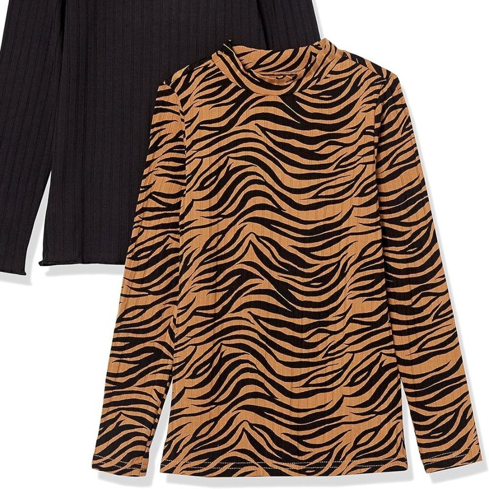NEW Amazon Essentials Girls Slim-fit Long-Sleeve Mockneck Top Brown Animal
